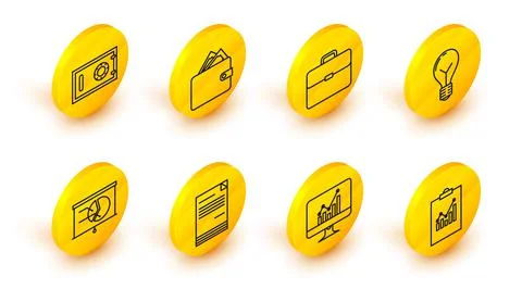 Set line Clipboard with graph chart, Computer monitor, Document, Board, Light Stock-Illustration