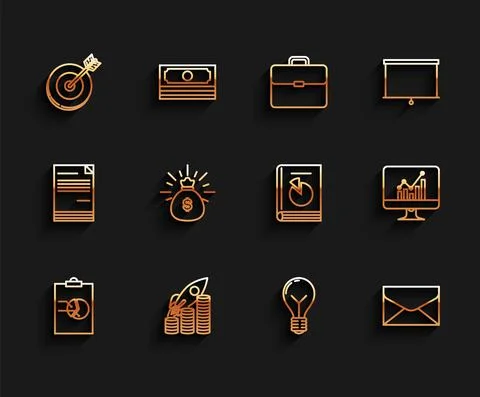 Set line Clipboard with graph chart, Rocket flying up on coins growth, Target Illustrazione stock