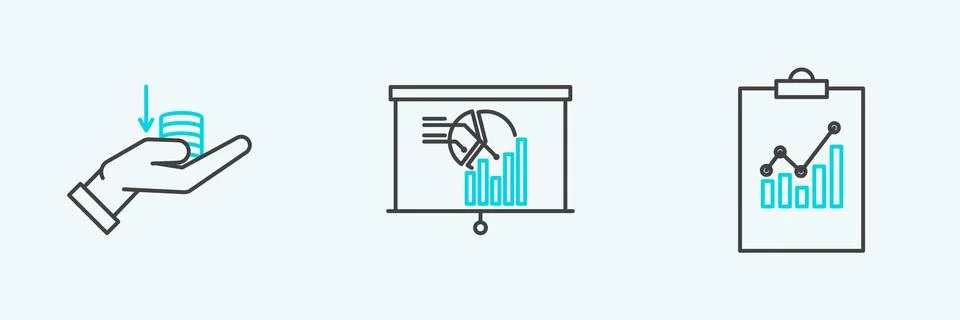 Set line Clipboard with graph chart, Money on hand and Board icon. Vector Illustrazione stock
