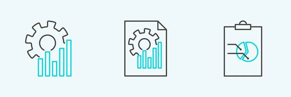 Set line Clipboard with graph chart, Pie infographic and Document icon. Vecto Illustrazione stock