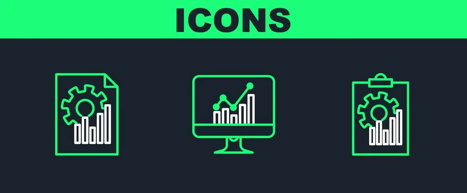 Set line Clipboard with graph chart, Document and Computer monitor icon. Vect 스톡 일러스트