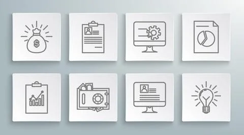 Set line Clipboard with graph chart, resume, Safe and money, Computer monitor Illustrazione stock