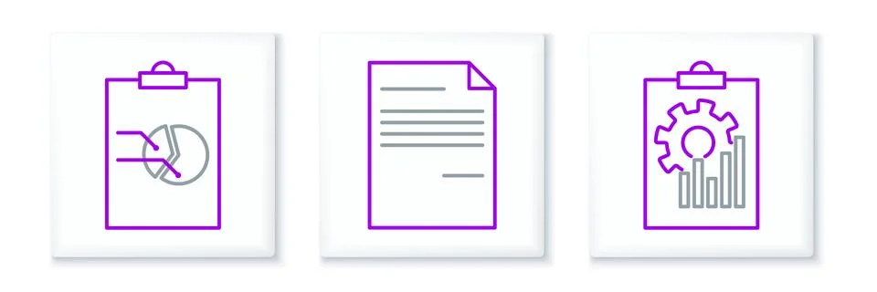 Set line Clipboard with graph chart, and Document icon. Vector Illustrazione stock