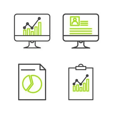 Set line Clipboard with graph chart, Document, Computer monitor resume and icon Stock Illustration