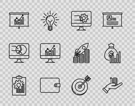 Set line Clipboard with graph chart, Money on hand, Computer monitor, Wallet Stock Illustration