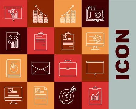 Set line Clipboard with graph chart, Chalkboard, Computer monitor, Pie info.. Stock-Illustration