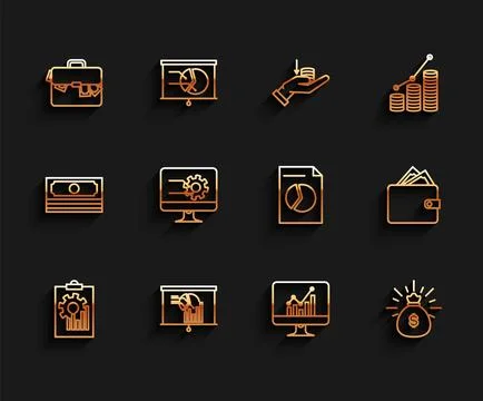 Set line Clipboard with graph chart, Board, Briefcase and money, Computer Stock Illustration
