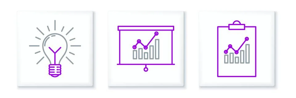 Set line Clipboard with graph chart, Light bulb rays shine and concept of idea Illustrazione stock