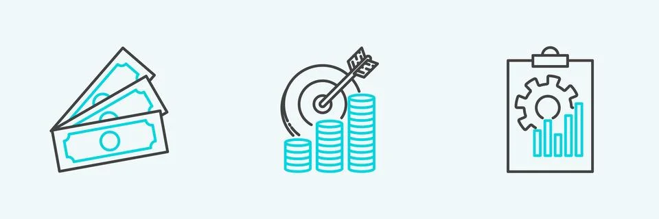Set line Clipboard with graph chart, Stacks paper money cash and Target coi.. Stock Illustration