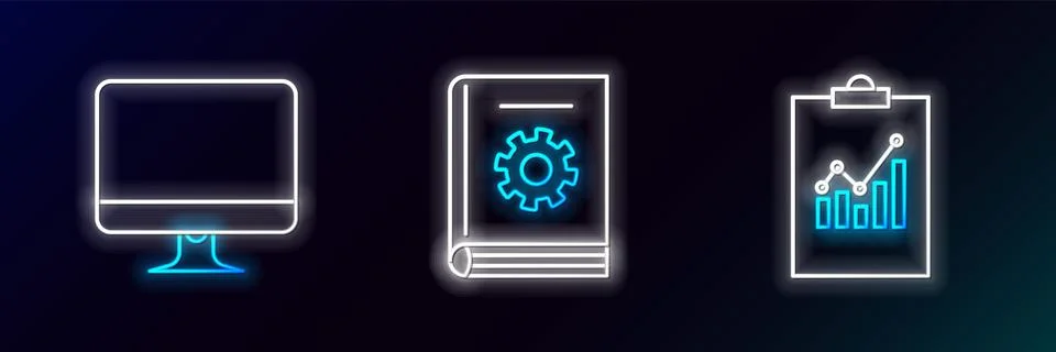 Set line Clipboard with graph chart, Computer monitor screen and User manua.. Illustrazione stock