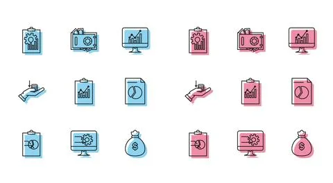 Set line Clipboard with graph chart, Computer monitor, Money bag, Document,.. Illustrazione stock