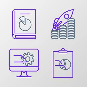 Set line Clipboard with graph chart, Computer monitor, Rocket flying up coi.. Stock-Illustration