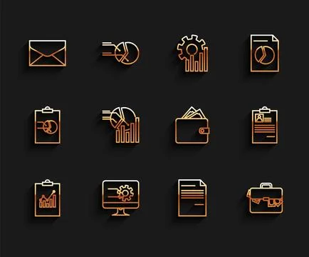 Set line Clipboard with graph chart, Computer monitor, Envelope, Document, .. Stock-Illustration