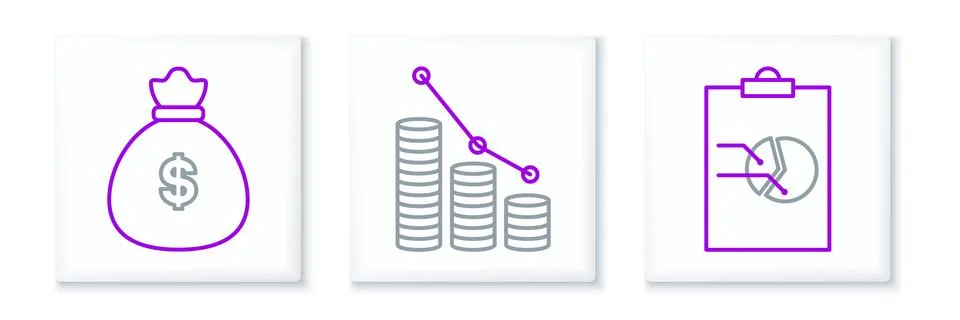Set line Clipboard with graph chart, Money bag and Pie infographic and coin.. Illustrazione stock