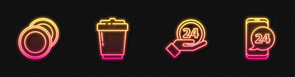 Set line Clock 24 hours, Plate, Coffee cup to go and Food ordering. Glowing neon Ilustração Stock