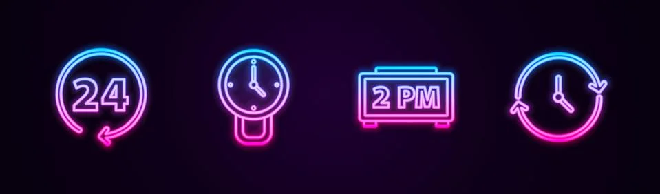 Set line Clock 24 hours, , Digital alarm clock and . Glowing neon icon. Vector Stock Illustration