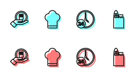 Set line Clock 24 hours, Online ordering and delivery, Chef hat and Shopping bag Stock Illustration