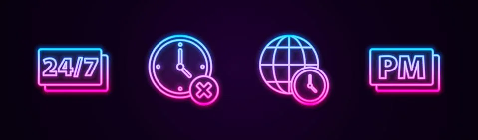 Set line Clock 24 hours, delete, World time and PM. Glowing neon icon. Vector Illustrazione stock