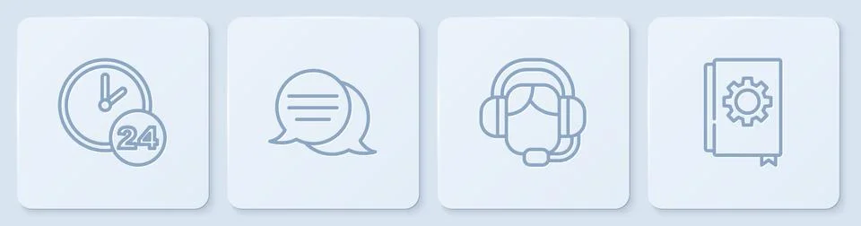 Set line Clock 24 hours, Woman with a headset, Speech bubble chat and User Stock Illustration