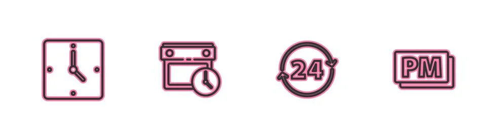 Set line Clock, 24 hours, Calendar and clock and PM icon. Vector Illustrazione stock