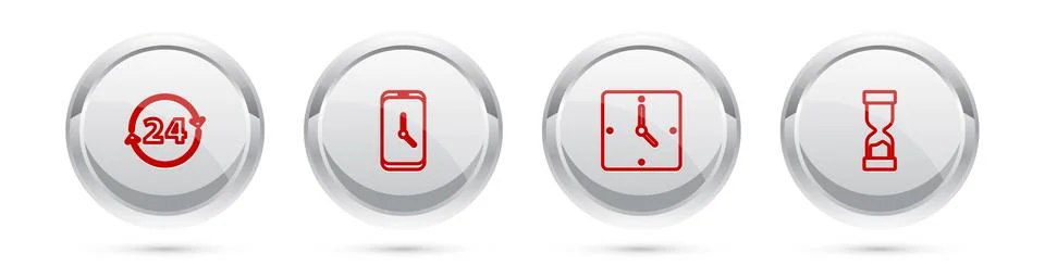 Set line Clock 24 hours, Alarm clock app mobile, and Old hourglass. Silver Stock Illustration