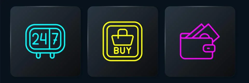 Set line Clock 24 hours, Wallet with money and Buy button. Black square button Stock Illustration