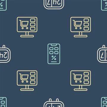 Set line Clock 24 hours, Shopping cart on computer and Percent discount and Stock Illustration