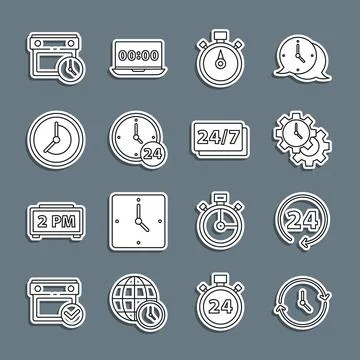 Set line Clock, 24 hours, Time Management, Stopwatch, Calendar and clock and Illustrazione stock