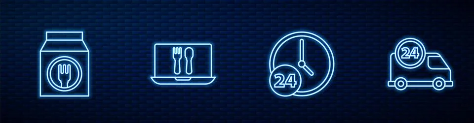 Set line Clock 24 hours, Online ordering and delivery, and Fast by car. Glowing Stock Illustration