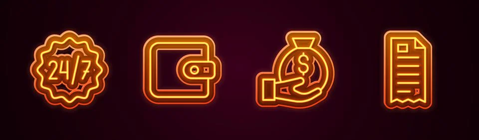 Set line Clock 24 hours, Wallet, Money bag and Financial check. Glowing neon Stock Illustration