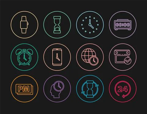 Set line Clock 24 hours, Calendar with check mark, Alarm clock app mobile Illustrazione stock