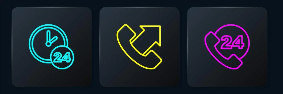 Set line Clock 24 hours, Telephone support and . Black square button. Vector Illustrazione stock