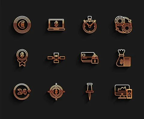 Set line Clock 24 hours, Push pin, Financial chart or graph the computer monitor Stock Illustration