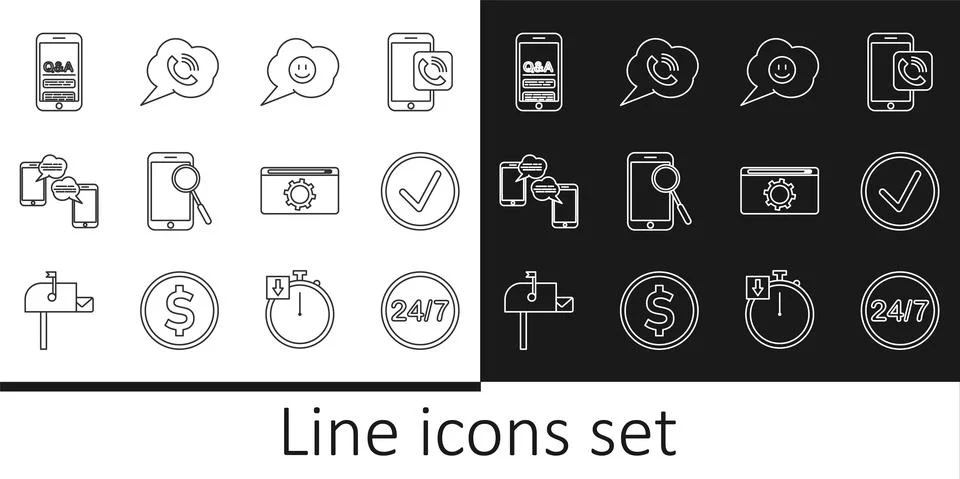 Set line Clock 24 hours, Check mark in circle, Speech bubble with smile face Illustrazione stock