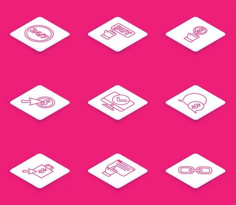 Set line Clock 24 hours, Buy button, Hand holding coin, Cursor, Computer monitor Stock Illustration