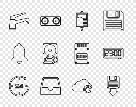 Set line Clock 24 hours, Floppy disk backup, IV bag, Social media inbox, Water Stock Illustration