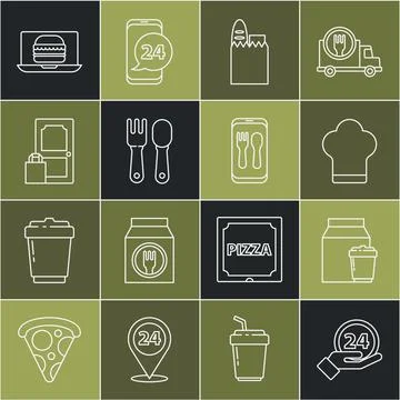 Set line Clock 24 hours, Online ordering and delivery, Chef hat, Shopping bag Stock Illustration