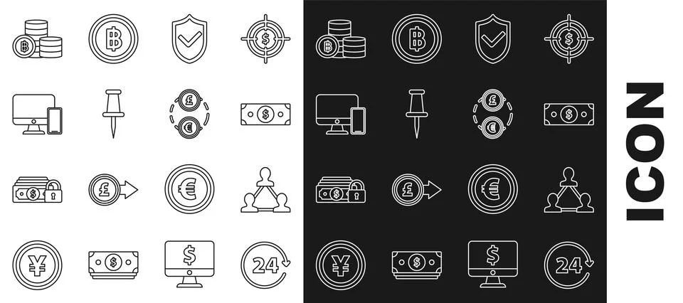 Set line Clock 24 hours, Project team base, Stacks paper money cash, Shield with Stockillustratie