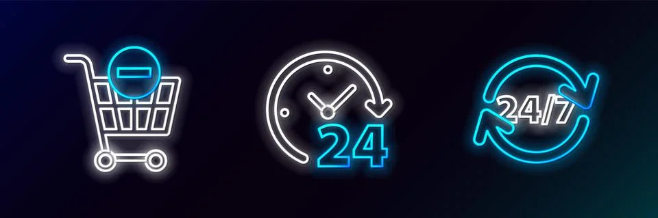 Set line Clock 24 hours, Remove shopping cart and icon. Glowing neon. Vector Illustrazione stock