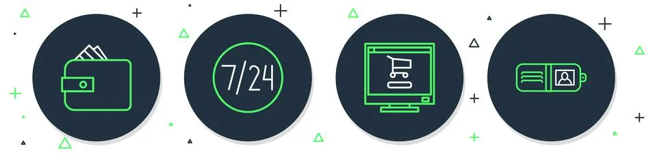 Set line Clock 24 hours, Shopping cart on computer, Wallet with paper money cash Stock Illustration