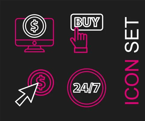 Set line Clock 24 hours, Cursor and coin, Buy button and Computer monitor with Illustrazione stock