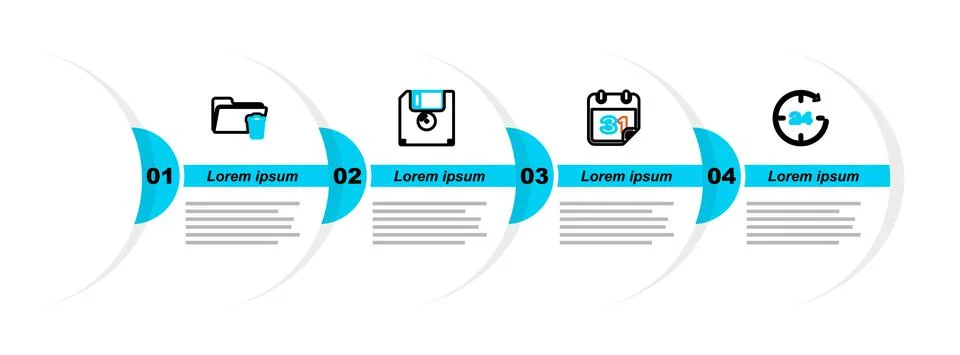 Set line Clock 24 hours, Calendar, Floppy disk and Delete folder icon. Vector Stock Illustration