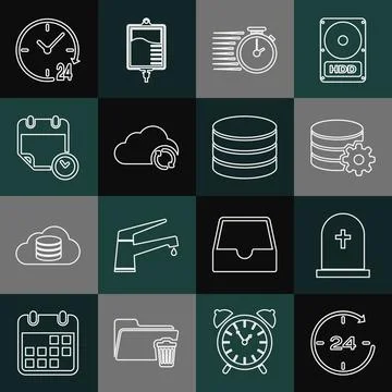 Set line Clock 24 hours, Tombstone with cross, Setting database server Stock Illustration