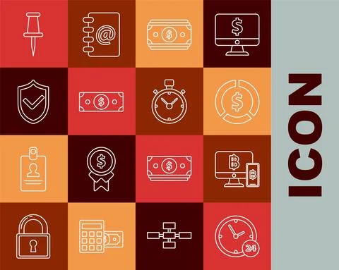 Set line Clock 24 hours, Computer monitor with mobile phone and bitcoin, Coin Stock Illustration