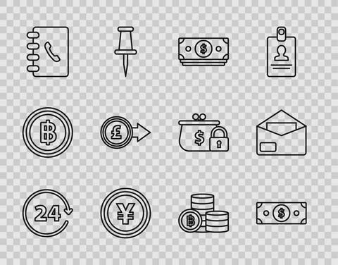 Set line Clock 24 hours, Stacks paper money cash, Coin with Yen symbol, Address 스톡 일러스트