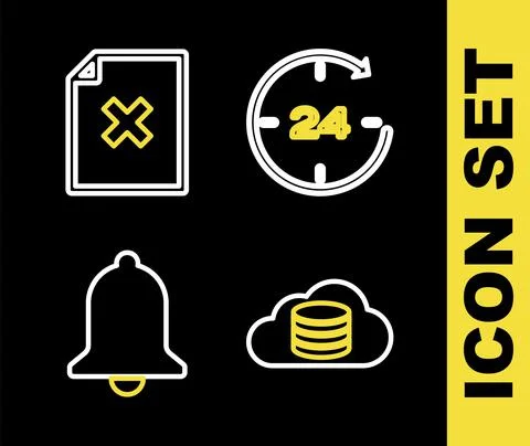 Set line Clock 24 hours, Cloud database, Ringing bell and Delete file document Illustrazione stock