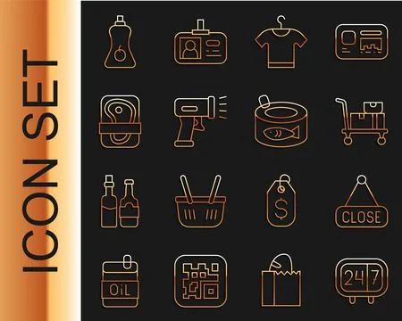 Set line Clock 24 hours, Hanging sign with Closed, Hand truck and boxes, T-shirt 库存插图