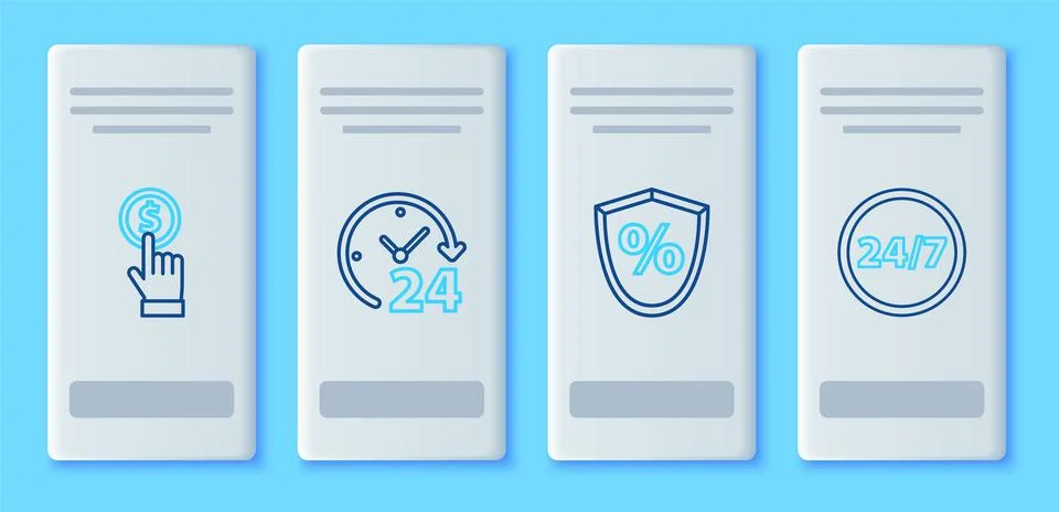 Set line Clock 24 hours, Loan percent, Hand holding coin and icon. Vector Stock Illustration