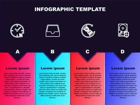 Set line Clock 24 hours, Social media inbox, Waiting and Hard disk drive HDD  Stock Illustration