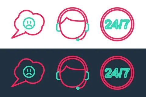 Set line Clock 24 hours, Speech bubble with sad smile and Man headset icon. V Stock Illustration